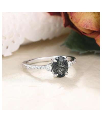 Natural Black Rutilated Quartz Women‘s Wedding Rings 1.5CT Oval Cut 6x8mm Half Eternity Platinum Plated 925 Sterling Silver P...