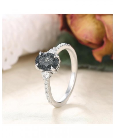 Natural Black Rutilated Quartz Women‘s Wedding Rings 1.5CT Oval Cut 6x8mm Half Eternity Platinum Plated 925 Sterling Silver P...