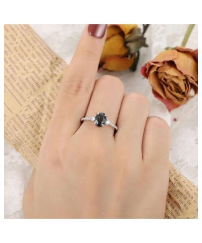 Natural Black Rutilated Quartz Women‘s Wedding Rings 1.5CT Oval Cut 6x8mm Half Eternity Platinum Plated 925 Sterling Silver P...