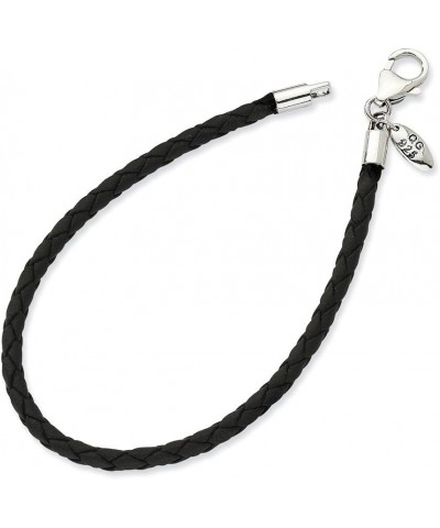 Solid 925 Sterling Silver Black Leather Bead Necklace Chain 7.5 Inches $28.80 Necklaces