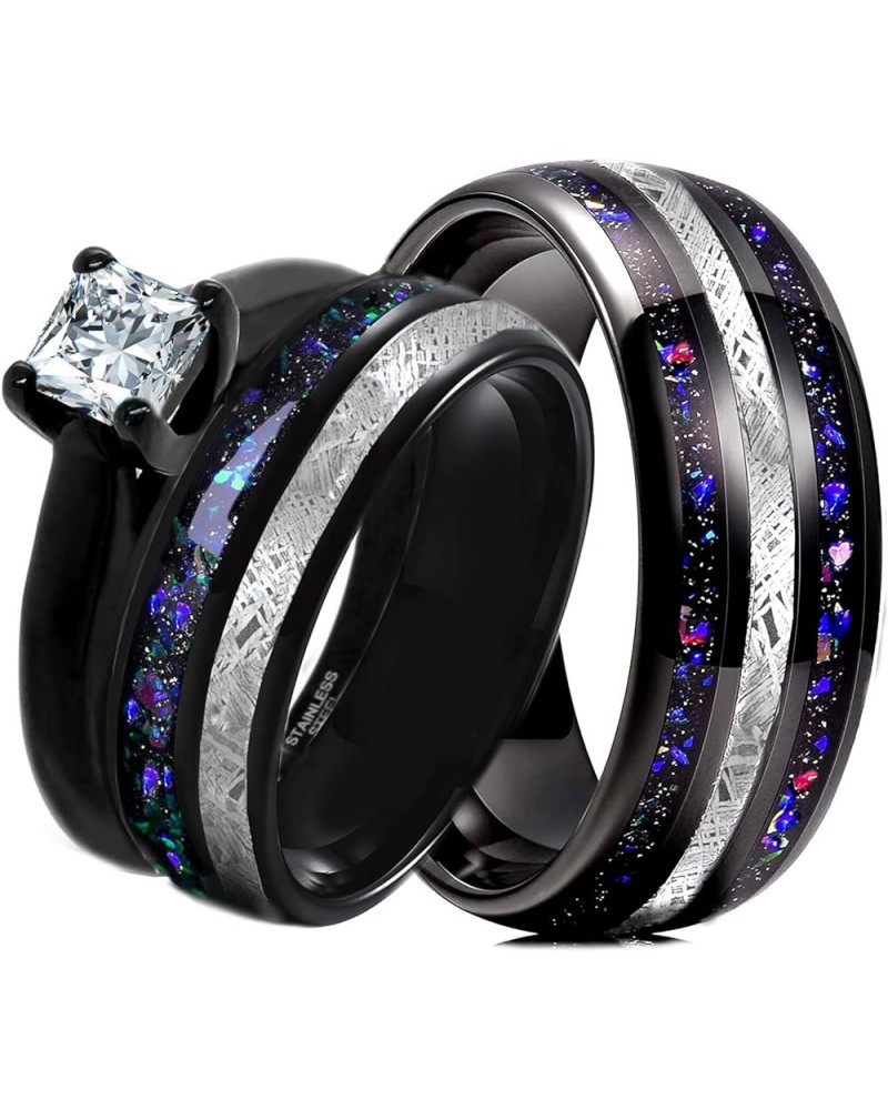 3-Pc Matching Rings for Couples - Luxurious Wedding Rings Sets for Him and Her - Promise Rings Set with Real Meteorite & Blue...