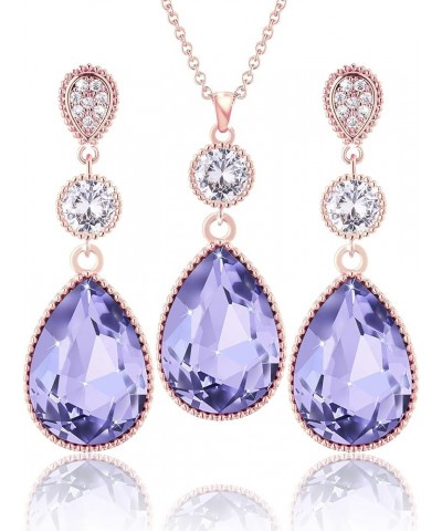 18 * 13MM Big Teardrop Crystal Pendant Dangle Necklaces and Earrings Jewelry Sets for Women Glod Plated Jun-Lavender-Rose Gol...