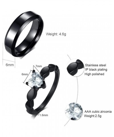 Promise Rings for Couples Set Stainless Steel, Wedding Anniversary Rings for Couples Black Ring 6MM Heart Cubic Zirconia Ring...