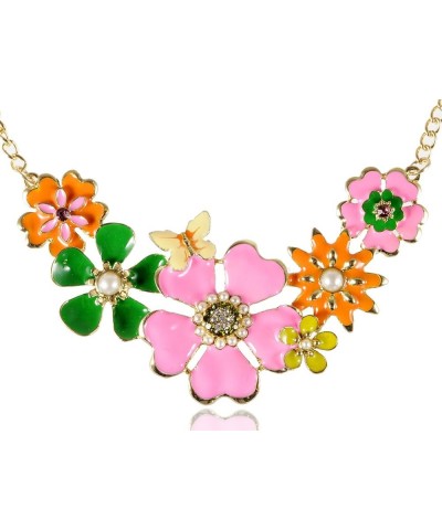 Golden Tone Enamel Flower and Butterfly Bib Statement Pendant Necklace Flower & Pink $9.87 Necklaces