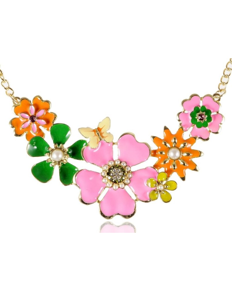 Golden Tone Enamel Flower and Butterfly Bib Statement Pendant Necklace Flower & Pink $9.87 Necklaces