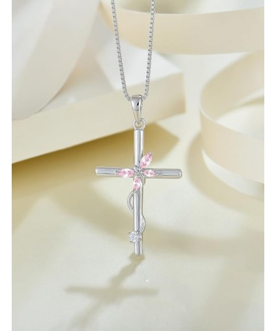 Cross Butterfly Pendant for Women, 925 Sterling Silver Necklace with Birthstone Jewelry Gifts for Women 10-pink tourmaline-Oc...