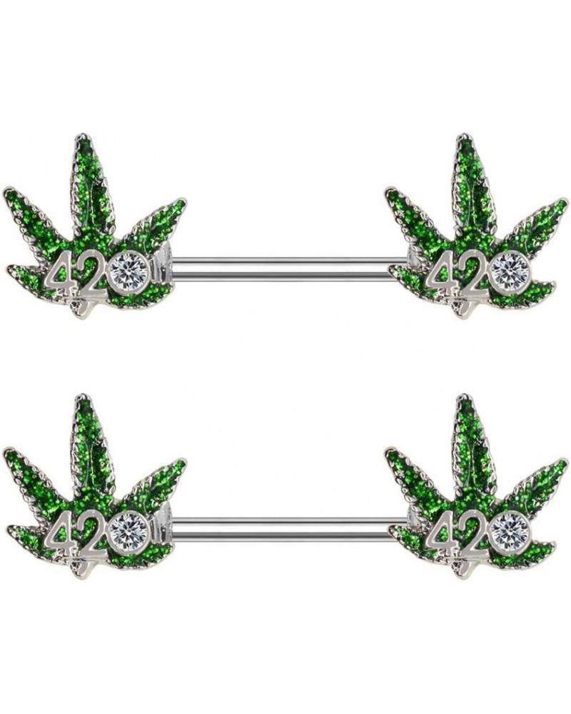 14G Nipple Piercing Surgical Stainless-Steel Set of 2 Barbell Marijuana Weed Leaf - 420 Cute Nipple Rings Nipple Piercing Jew...