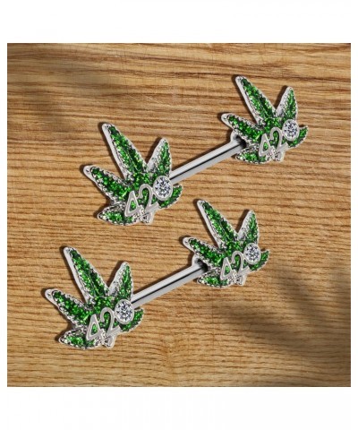 14G Nipple Piercing Surgical Stainless-Steel Set of 2 Barbell Marijuana Weed Leaf - 420 Cute Nipple Rings Nipple Piercing Jew...