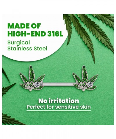 14G Nipple Piercing Surgical Stainless-Steel Set of 2 Barbell Marijuana Weed Leaf - 420 Cute Nipple Rings Nipple Piercing Jew...