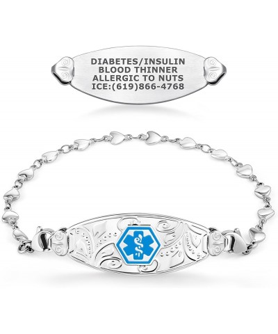 Custom Engraved Lovely Filigree Medical Alert ID Bracelets for Women with Heart Link Chains – Color/Size 6.0 Inches Light Blu...