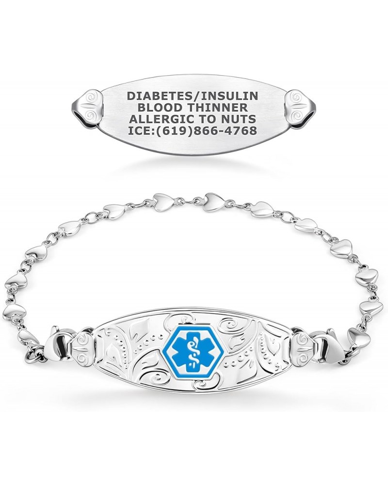 Custom Engraved Lovely Filigree Medical Alert ID Bracelets for Women with Heart Link Chains – Color/Size 6.0 Inches Light Blu...