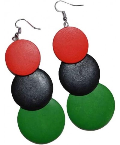 Women's Pan African Dangling Hoop Wooden Earrings with Silvertone 3.75" Long Red Black Green Circle $8.34 Earrings