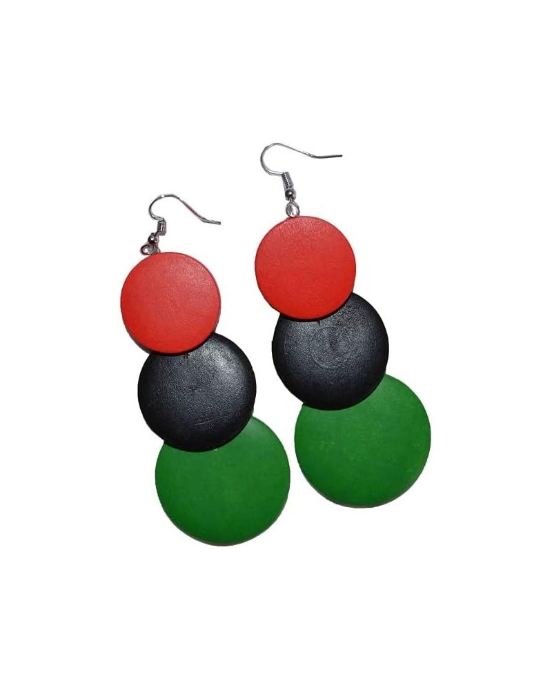 Women's Pan African Dangling Hoop Wooden Earrings with Silvertone 3.75" Long Red Black Green Circle $8.34 Earrings