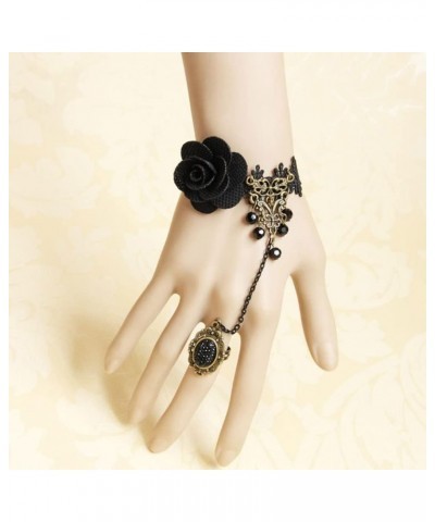 Gothic Black Lace Bracelet with Finger Ring Flower Gemstone Teardrop Harness Bracelet Vintage Wristband Wedding Prom Festival...