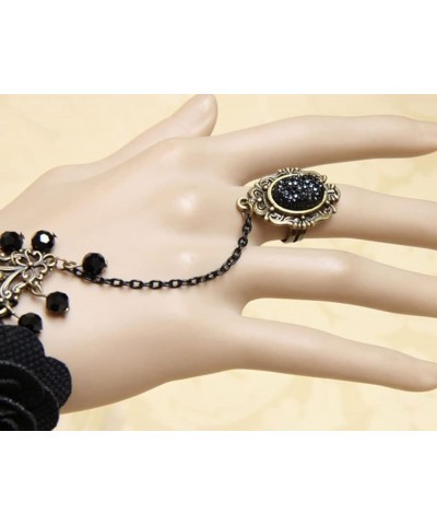 Gothic Black Lace Bracelet with Finger Ring Flower Gemstone Teardrop Harness Bracelet Vintage Wristband Wedding Prom Festival...