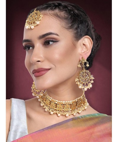 Gold Plated Kundan Jewelry Necklace With Earring Set For Women Gold $18.62 Jewelry Sets