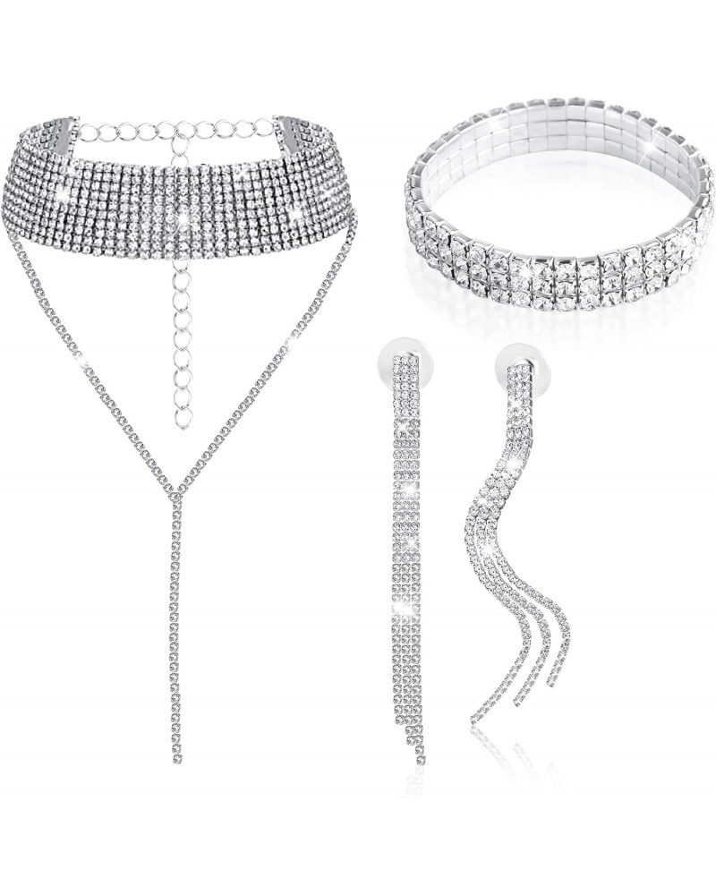 Silver Jewelry Set for Women Rhinestone Crystal Bridal Jewelry Set for Wedding $13.43 Jewelry Sets