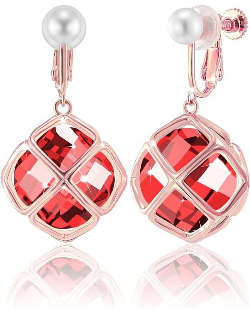 Clip On 14MM Big Austrian Crystal Dangle Non Pierced Earrings for Women Costume Jewelry Jul-Ruby-Rose Gold $13.65 Earrings