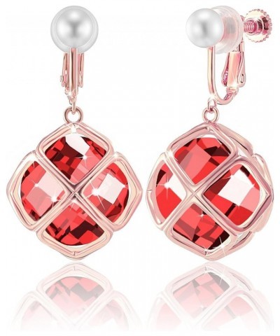 Clip On 14MM Big Austrian Crystal Dangle Non Pierced Earrings for Women Costume Jewelry Jul-Ruby-Rose Gold $13.65 Earrings