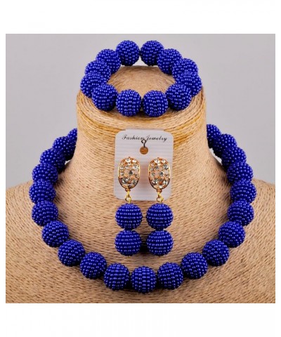 Nigerian Wedding African Beads Jewelry Set Women Simulated Pearl Necklace and Earrings Royal Blue $9.66 Jewelry Sets