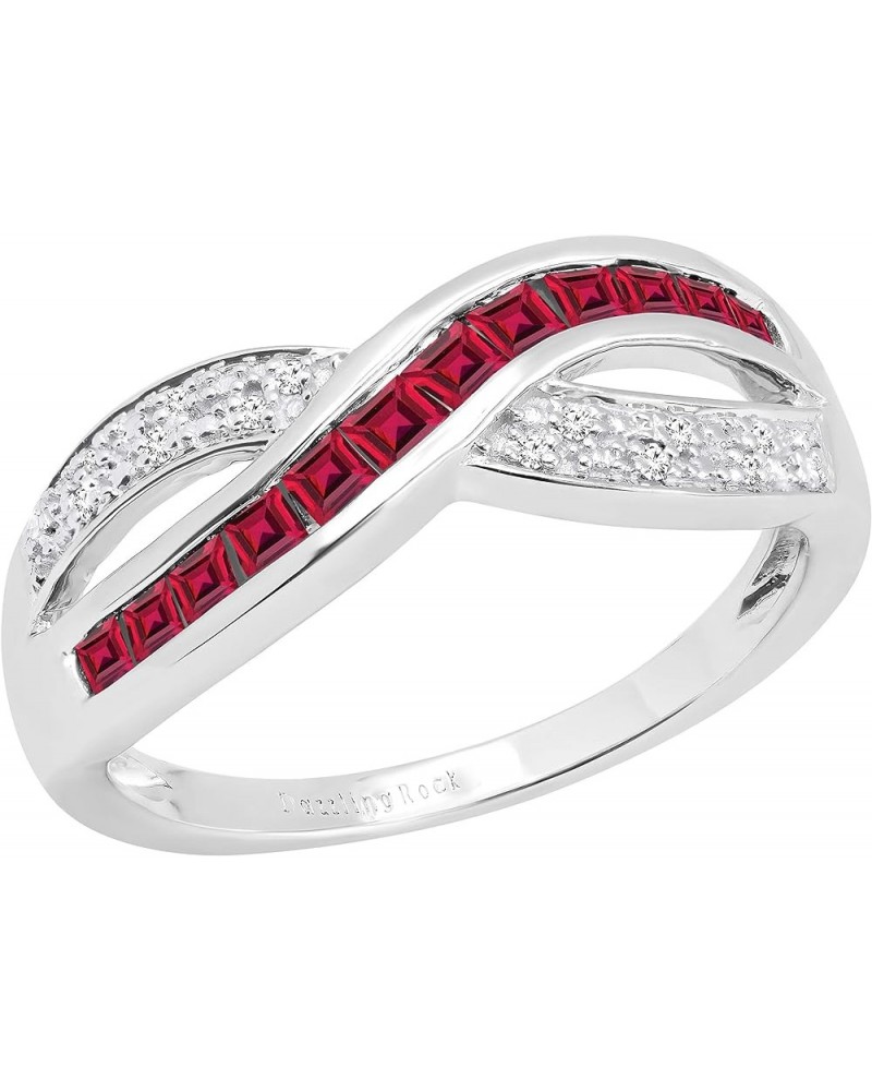 Princess Gemstone & Round White Diamond Ladies Wedding Band Anniversary Ring, 10K White Gold Ruby $183.39 Rings