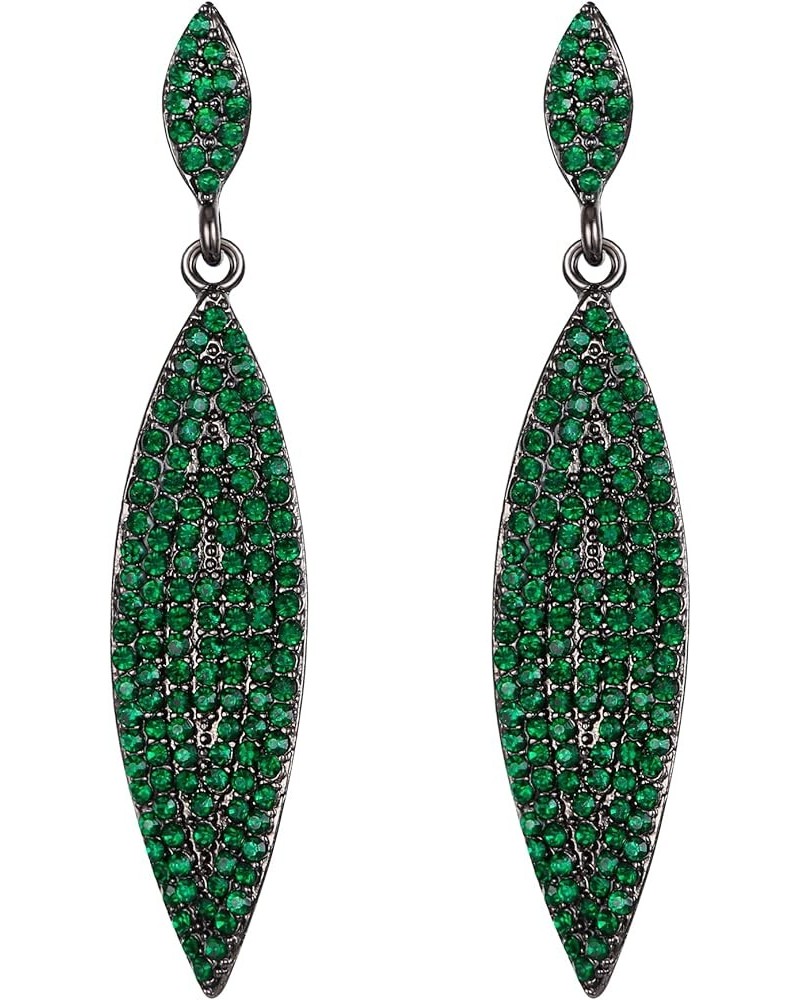 2 Leaf Round Full Crystal Art Deco Bridal Pierced Dangle Chandelier Earrings for Women 2_Green Black-Tone $7.50 Earrings