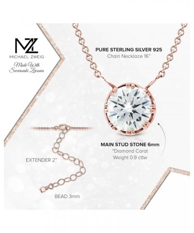 Sterling Silver Necklace with Round Cubic Zirconia Pendant, 6.0mm-9.00mm, 16 in. Rolo Chain, 2 in. Extender 6.0 mm Rose Gold ...