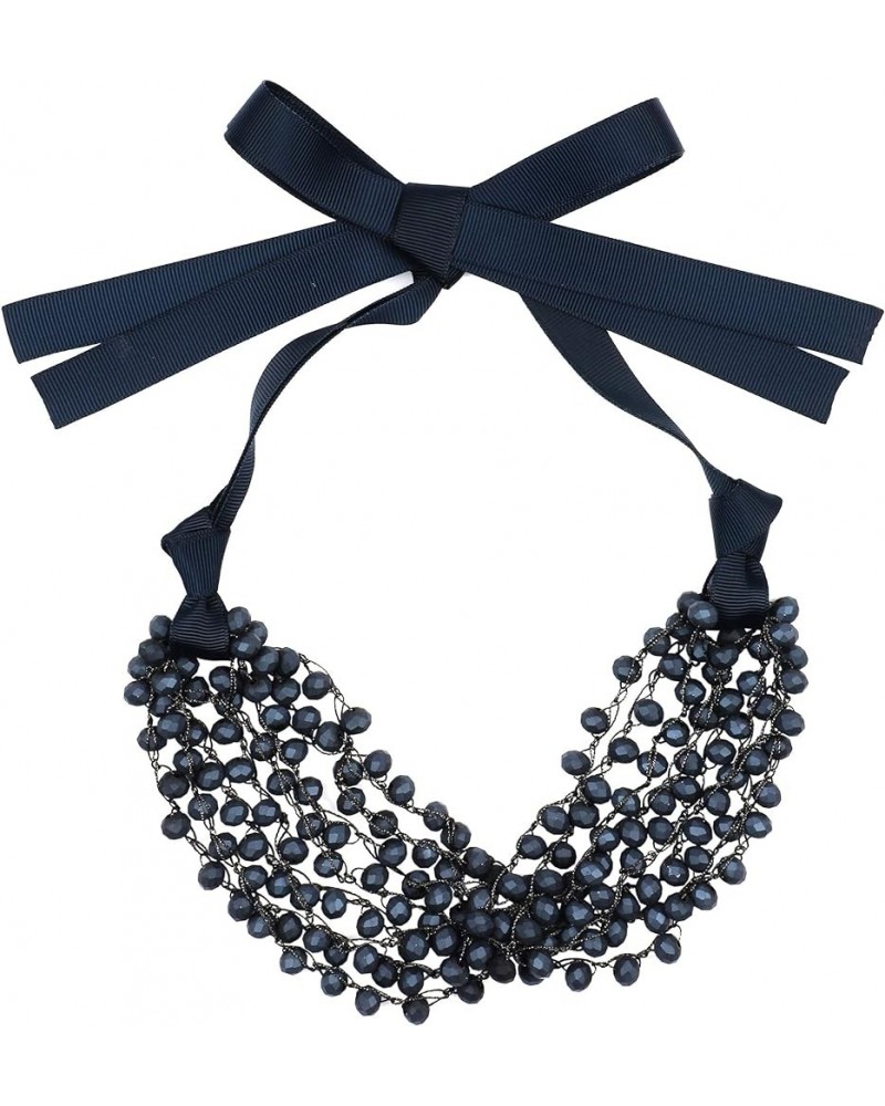 FIRSTMET Handmade Ribbon Bow Glass Beaded Collar Necklace for Women Scrub dark navy $6.66 Necklaces