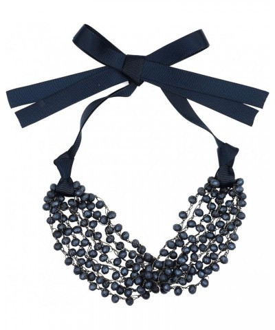 FIRSTMET Handmade Ribbon Bow Glass Beaded Collar Necklace for Women Scrub dark navy $6.66 Necklaces