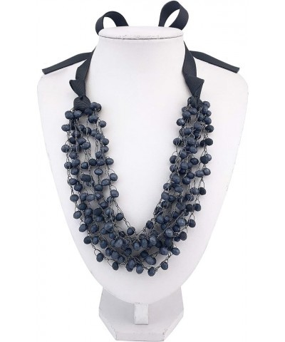 FIRSTMET Handmade Ribbon Bow Glass Beaded Collar Necklace for Women Scrub dark navy $6.66 Necklaces