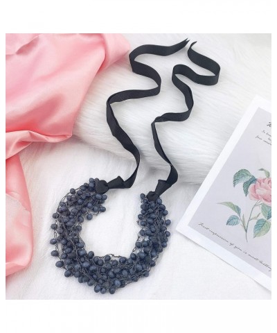 FIRSTMET Handmade Ribbon Bow Glass Beaded Collar Necklace for Women Scrub dark navy $6.66 Necklaces