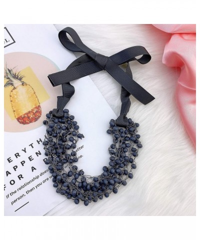 FIRSTMET Handmade Ribbon Bow Glass Beaded Collar Necklace for Women Scrub dark navy $6.66 Necklaces