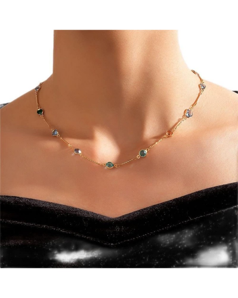 Bohemian Colorful Crystal Choker Necklace Carved Bar Satellite Collar Necklace Short Choker for Women and Girls $7.13 Necklaces