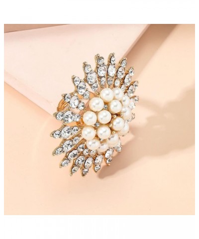 Boho Crystal Pearl Statement Wedding Ring for Women Girls Vintage CZ Faux Pearls Ball Big Flowers Adjustable Open Wrap Ring C...