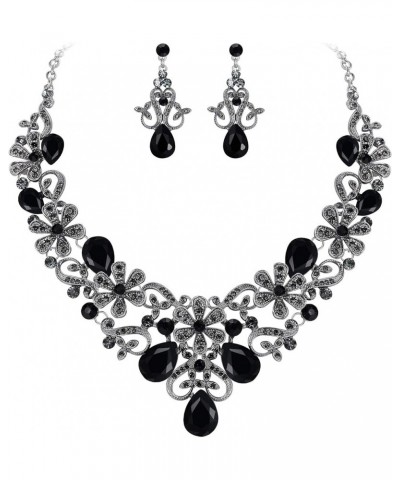 Women's Costume Elegant Crystal Flower Scroll Teardrop Statement Necklace Dangle Earrings Set Black Silver-Tone $12.74 Jewelr...