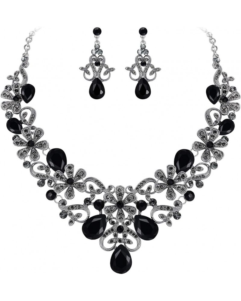 Women's Costume Elegant Crystal Flower Scroll Teardrop Statement Necklace Dangle Earrings Set Black Silver-Tone $12.74 Jewelr...