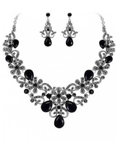 Women's Costume Elegant Crystal Flower Scroll Teardrop Statement Necklace Dangle Earrings Set Black Silver-Tone $12.74 Jewelr...