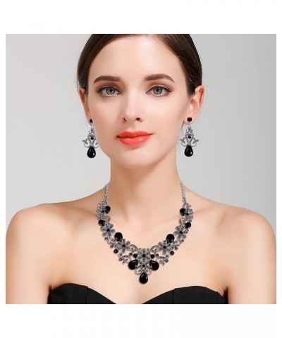 Women's Costume Elegant Crystal Flower Scroll Teardrop Statement Necklace Dangle Earrings Set Black Silver-Tone $12.74 Jewelr...