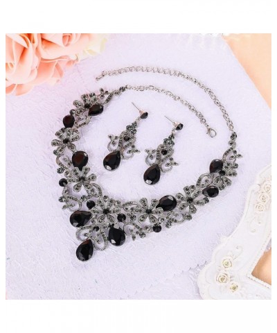 Women's Costume Elegant Crystal Flower Scroll Teardrop Statement Necklace Dangle Earrings Set Black Silver-Tone $12.74 Jewelr...