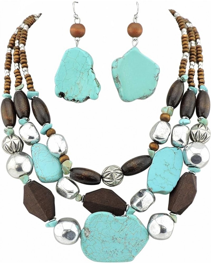 3 Layer Turquoise Wood Beaded Statement Chunky Necklace Multi Strands Handmade Collar Jewelry for Women Gifts 124-set $11.95 ...