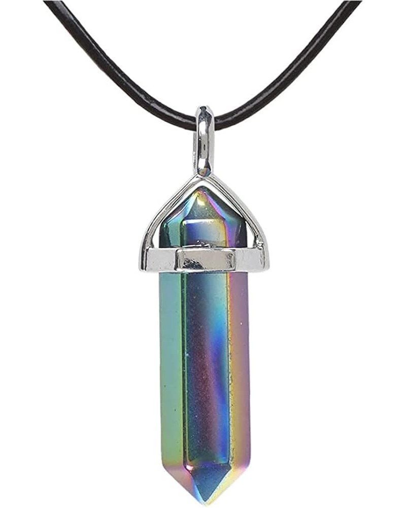 Natural Gemstone Hexagonal Pointed Reiki Chakra Pendant Genuine Leather Necklace 18 Inch Metallic Rainbow Coated Hematite $6....