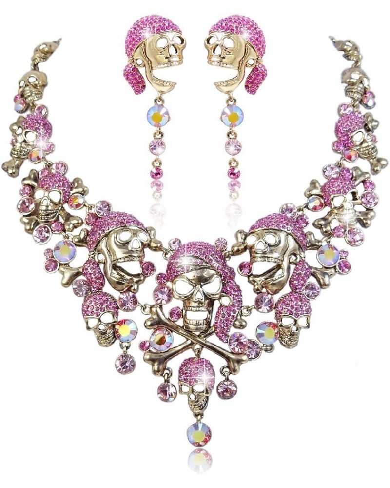 Austrian Crystal Vintage Style Halloween Skull Bone Cross Necklace Earrings Set Pink Gold-Tone $22.39 Jewelry Sets