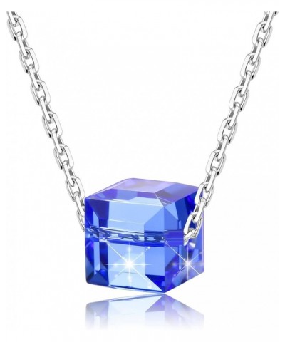 925 Sterling Silver Necklace for Women Austrian Crystal Cube Crystals Pendant Necklace Gifts for Her with Jewelry Box Blue $1...