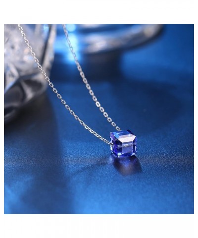 925 Sterling Silver Necklace for Women Austrian Crystal Cube Crystals Pendant Necklace Gifts for Her with Jewelry Box Blue $1...