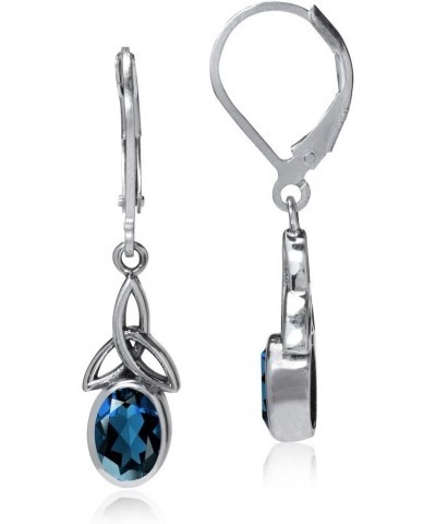 925 Sterling Silver Triquetra Celtic Knot Leverback Dangle Earrings Genuine London Blue Topaz white gold plated $12.50 Earrings