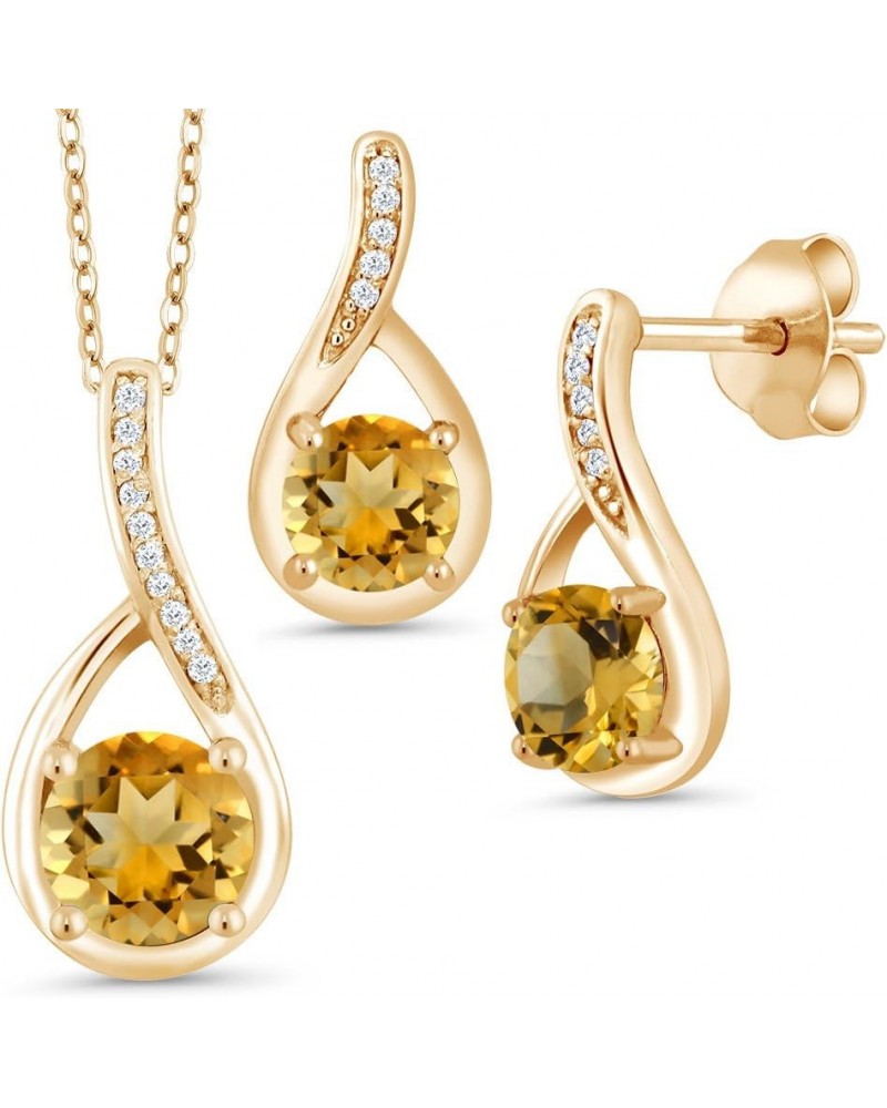 18K Yellow Gold Plated Silver Round Yellow Citrine and Diamond Pendant and Earrings Jewelry Set For Women (1.74 Cttw, Gemston...