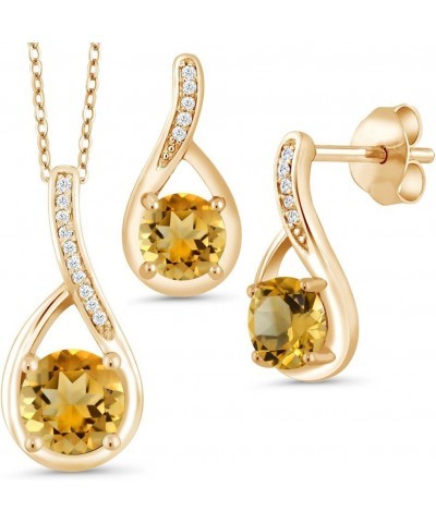 18K Yellow Gold Plated Silver Round Yellow Citrine and Diamond Pendant and Earrings Jewelry Set For Women (1.74 Cttw, Gemston...