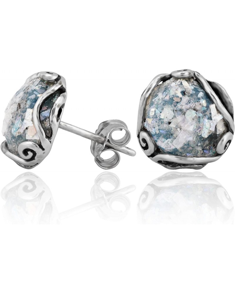 Paz Creations Women's 925 Sterling Silver Roman Glass Patina Stud Earrings - Handcrafted Round-Cut Ball Earring - Unique Natu...