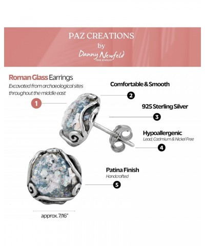 Paz Creations Women's 925 Sterling Silver Roman Glass Patina Stud Earrings - Handcrafted Round-Cut Ball Earring - Unique Natu...