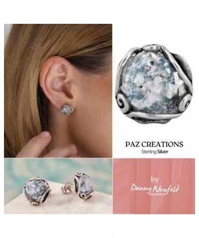 Paz Creations Women's 925 Sterling Silver Roman Glass Patina Stud Earrings - Handcrafted Round-Cut Ball Earring - Unique Natu...